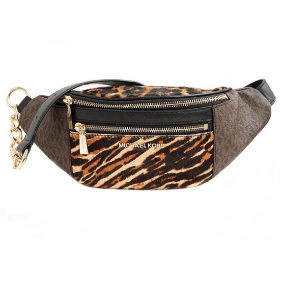 MICHAEL KORS MOTT FUR MD WAIST PACK BELT BAG BROWN MULTI WITH GOLD HARDWARE - Picture 2 of 12